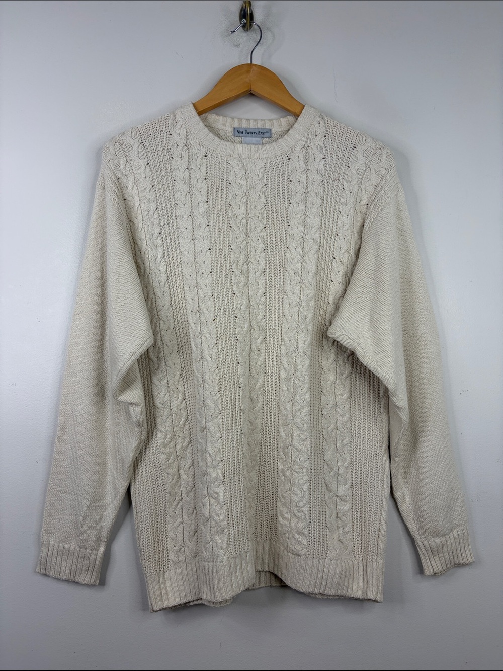 Vintage Sweater Womens Large Cream Ecru Silk Cable Knit Crew Neck Pullover